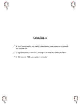 Conclusiones
 Se logro comprobar la capacidad de las sustancias amortiguadoras mediante la
adición de acido.
 Se logo determinar la capacidad amortiguadora mediante la adicion de base
 Se determino el PH de las soluciones con éxito.
 
