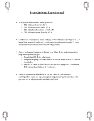 Procedimiento Experimental
 Se preparan las soluciones amortiguadoras:
o 500 ml de acido acético 0.2 M
o 500 ml de acetato de sodio 0.2 M
o 500 ml de bicarbonato de sodio 0.1 M
o 500 ml de carbonato de sodio 0.1 M
 Combine las soluciones de Acido acético y acetato de sodio(amortiguador 1) y
las de Bicarbonato de sodio con el carbonato de sodio(amortiguador 2) con el
fin de tener nuestras dos sustancias amortiguadoras.
 En tres beakers en los primeros dos agregue 10 ml de los indicadores antes
preparados y otro con agua.
o Se calcula el PH de las soluciones.
o Luego se le agrega las cantidades de HCL 0.1M mostradas en la tabla de
resultados.
o Se toma el PH de la solución cada vez que se le agrega una cantidad de
HCL y se anota en la tabla de resultados.
 Luego se toman otros 3 beaker y se vierten 10 ml de cada solución
amortiguadora y uno con agua, se repiten los pasos del punto anterior,, solo
que esta vez se irá añadiendo cantidades de NaOH.
 