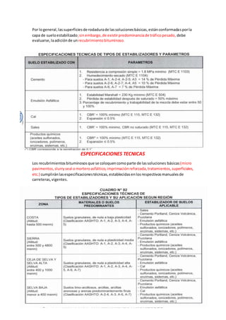 5
Por logeneral,lassuperficiesde rodadurade lassolucionesbásicas,estánconformadasporla
capa de sueloestabilizado;sinembargo,de existirpredominanciade tráficopesado, debe
evaluarse,laadiciónde un recubrimientobituminoso.
ESPECIFICACIONES TECNICAS
Los recubrimientosbituminososque se coloquencomoparte de lassoluciones básicas(micro
pavimentos,slurryseal omorteroasfáltico,imprimaciónreforzada,tratamientos,superficiales,
etc.) cumpliránlasespecificacionestécnicas,establecidasenlosrespectivosmanualesde
carreteras,vigentes.
 
