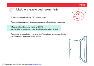Soluciones a los retos de almacenamiento


              Transformación hacia un CPD virtualizado

              Acelerar los proyectos de migración y consolidación de empresas

              Mejorar el rendimiento hasta un 300%
              sin cambiar la infraestructura de almacenamiento actual

              Aumentar la capacidad y mejorar la eficiencia de almacenamiento
              sin cambiar la infraestructura actual




                                                                                © 2012 IBM Corporation



PDF created with pdfFactory Pro trial version www.pdffactory.com
 