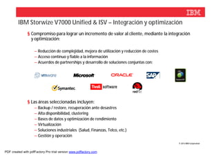 IBM Storwize V7000 Unified & ISV – Integración y optimización
               § Compromiso para lograr un incremento de valor al cliente, mediante la integración
                 y optimización:

                    – Reducción de complejidad, mejora de utilización y reducción de costes
                    – Acceso contínuo y fiable a la información
                    – Acuerdos de partnerships y desarrollo de soluciones conjuntas con:




               § Las áreas seleccionadas incluyen:
                    – Backup / restore, recuperación ante desastres
                    – Alta disponibilidad, clustering
                    – Bases de datos y optimización de rendimiento
                    – Virtualización
                    – Soluciones industriales (Salud, Finanzas, Telco, etc.)
                    – Gestión y operación
                                                                                              © 2012 IBM Corporation



PDF created with pdfFactory Pro trial version www.pdffactory.com
 