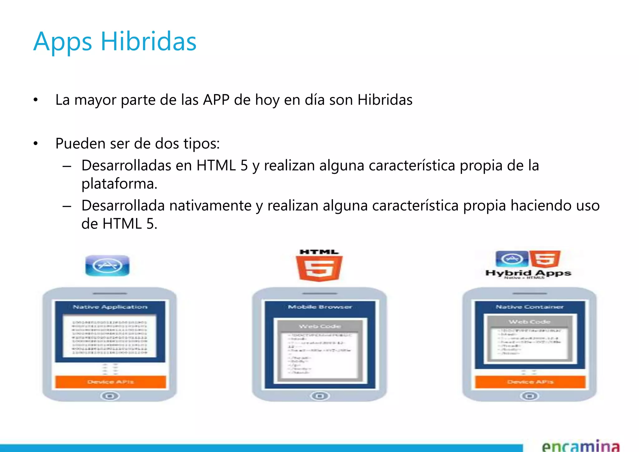 Apps Hibridas 
• La mayor parte de las APP de hoy en día son Hibridas 
• Pueden ser de dos tipos: 
– Desarrolladas en HTML 5 y realizan alguna característica propia de la 
plataforma. 
– Desarrollada nativamente y realizan alguna característica propia haciendo uso 
de HTML 5. 
 