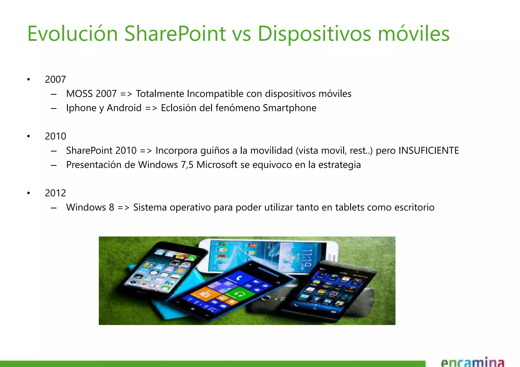 Evolución SharePoint vs Dispositivos móviles 
• 2007 
– MOSS 2007 => Totalmente Incompatible con dispositivos móviles 
– Iphone y Android => Eclosión del fenómeno Smartphone 
• 2010 
– SharePoint 2010 => Incorpora guiños a la movilidad (vista movil, rest..) pero INSUFICIENTE 
– Presentación de Windows 7,5 Microsoft se equivoco en la estrategia 
• 2012 
– Windows 8 => Sistema operativo para poder utilizar tanto en tablets como escritorio 
 