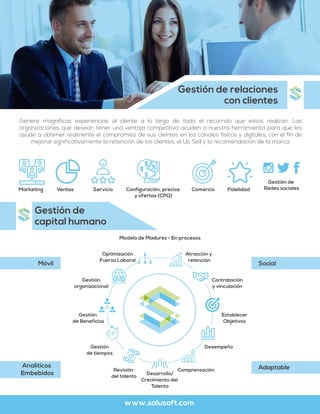 Genere magníficas experiencias al cliente a lo largo de todo el recorrido que estos realizan. Las
organizaciones que desean tener una ventaja competitiva acuden a nuestra herramienta para que les
ayude a obtener realmente el compromiso de sus clientes en los canales físicos y digitales, con el fin de
mejorar significativamente la retención de los clientes, el Up Sell y la recomendación de la marca.
Gestión de relaciones
con clientes
www.solusoft.com
Marketing Ventas Servicio ComercioConfiguración, precios
y ofertas (CPQ)
Fidelidad
Gestión de
Redes sociales
Móvil Social
AdaptableAnalíticos
Embebidos
Atracción y
retención
Optimización
Fuerza Laboral
Contratación
y vinculación
Gestión
organizacional
Establecer
Objetivos
Gestión
de Beneficios
DesempeñoGestión
de tiempos
ComprensaciónRevisión
del talento
Desarrollo/
Crecimiento del
Talento
Gestión de
capital humano
Modelo de Madurez - En procesos
 