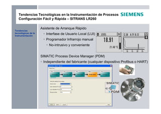 Asistente de Arranque Rápido
Interfase de Usuario Local (LUI)
Programador Infrarrojo manual
No-intrusivo y conveniente
SIMATIC Process Device Manager (PDM)
Independiente del fabricante (cualquier dispositivo Profibus o HART)
Tendencias Tecnológicas en la Instrumentación de Procesos
Configuración Fácil y Rápida – SITRANS LR260
Tendencias
tecnológicas de la
Instrumentación
 