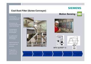 Preguntas y
discusión de
aplicaciones
Aplicaciones en
cada parte del
proceso
La aplicación
determina la
tecnología
Principios de
funcionamiento de
cada tecnología
Tendencias
Tecnológicas de la
Instrumentación
Comparativo
versus otras
tecnologías
Coal Dust Filter (Screw Conveyor)
Motion Sensing
Primary and
Secondary Crushing
Raw Material
Preparation
Preheating &
Calcination
Burning & Cooling Grinding & Milling Storage, Batching &
Loading
MFA 4p/MSP 12
 