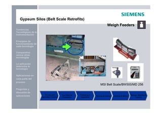 Preguntas y
discusión de
aplicaciones
Aplicaciones en
cada parte del
proceso
La aplicación
determina la
tecnología
Principios de
funcionamiento de
cada tecnología
Tendencias
Tecnológicas de la
Instrumentación
Comparativo
versus otras
tecnologías
Gypsum Silos (Belt Scale Retrofits)
Weigh Feeders
Primary and
Secondary Crushing
Raw Material
Preparation
Preheating &
Calcination
Burning & Cooling Grinding & Milling Storage, Batching &
Loading
MSI Belt Scale/BW500/MD 256
 