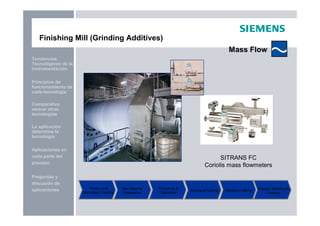 Preguntas y
discusión de
aplicaciones
Aplicaciones en
cada parte del
proceso
La aplicación
determina la
tecnología
Principios de
funcionamiento de
cada tecnología
Tendencias
Tecnológicas de la
Instrumentación
Comparativo
versus otras
tecnologías
Finishing Mill (Grinding Additives)
Mass Flow
SITRANS FC
Coriolis mass flowmeters
Primary and
Secondary Crushing
Raw Material
Preparation
Preheating &
Calcination
Burning & Cooling Grinding & Milling Storage, Batching &
Loading
 