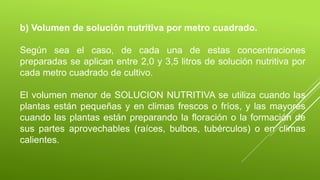 b) Volumen de solución nutritiva por metro cuadrado.
Según sea el caso, de cada una de estas concentraciones
preparadas se aplican entre 2,0 y 3,5 litros de solución nutritiva por
cada metro cuadrado de cultivo.
El volumen menor de SOLUCION NUTRITIVA se utiliza cuando las
plantas están pequeñas y en climas frescos o fríos, y las mayores
cuando las plantas están preparando la floración o la formación de
sus partes aprovechables (raíces, bulbos, tubérculos) o en climas
calientes.
 
