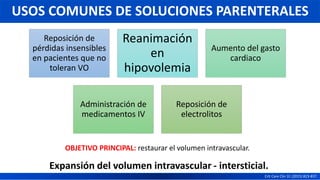 OBJETIVO PRINCIPAL: restaurar el volumen intravascular.
Expansión del volumen intravascular - intersticial.
USOS COMUNES DE SOLUCIONES PARENTERALES
Crit Care Clin 31 (2015) 823-837.
Reposición de
pérdidas insensibles
en pacientes que no
toleran VO
Reanimación
en
hipovolemia
Aumento del gasto
cardiaco
Administración de
medicamentos IV
Reposición de
electrolitos
 