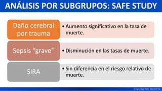 N Engl J Med 2004; 350:2247-56.
ANÁLISIS POR SUBGRUPOS: SAFE STUDY
• Aumento significativo en la tasa de
muerte.
Daño cerebral
por trauma
• Disminución en las tasas de muerte.
Sepsis “grave”
• Sin diferencia en el riesgo relativo de
muerte.
SIRA
 