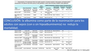 CONCLUSIÓN: la albumina como parte de la reanimación para los
adultos con sepsis (con o sin hipoalbuminemia) no redujo la
mortalidad.
 