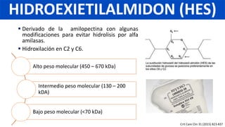  Derivado de la amilopectina con algunas
modificaciones para evitar hidrolisis por alfa
amilasas.
 Hidroxilación en C2 y C6.
Alto peso molecular (450 – 670 kDa)
Intermedio peso molecular (130 – 200
kDA)
Bajo peso molecular (<70 kDa)
HIDROEXIETILALMIDON (HES)
Crit Care Clin 31 (2015) 823-837
 