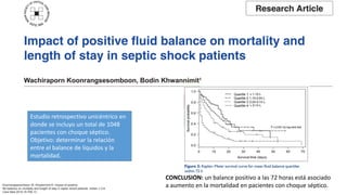 Estudio retrospectivo unicéntrico en
donde se incluyo un total de 1048
pacientes con choque séptico.
Objetivo: determinar la relación
entre el balance de líquidos y la
mortalidad.
CONCLUSIÓN: un balance positivo a las 72 horas está asociado
a aumento en la mortalidad en pacientes con choque séptico.
Koonrangsesomboon W, Khwannimit B. Impact of positive
flid balance on mortality and length of stay in septic shock patients. Indian J Crit
Care Med 2015;19:708-13
 