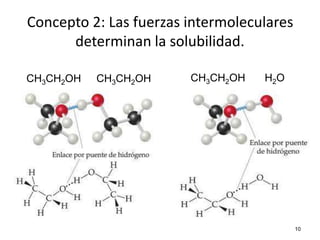 10
CH3CH2OH CH3CH2OH CH3CH2OH H2O
Concepto 2: Las fuerzas intermoleculares
determinan la solubilidad.
 