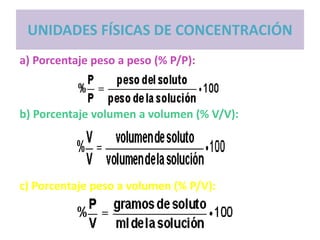 UNIDADES FÍSICAS DE CONCENTRACIÓN
a) Porcentaje peso a peso (% P/P):
b) Porcentaje volumen a volumen (% V/V):
c) Porcentaje peso a volumen (% P/V):