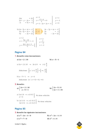 Página 84
1. Resuelve estas inecuaciones:
a) 3x + 2 ≤ 10 b) x – 5 > 1
a) 3x + 2 ≤ 10 → 3x ≤ 8 → x ≤
Soluciones: x / x ≤ = (–∞,
]
b) x – 5 > 1 → x > 6
Soluciones: {x / x > 6} = (6, +∞)
2. Resuelve:
a) b)
a)
No tiene solución
b)
No tiene solución
Página 85
3. Resuelve las siguientes inecuaciones:
a) x2 – 3x – 4 < 0 b) x2 – 3x – 4 ≥ 0
c) x2 + 7 < 0 d) x2 – 4 ≤ 0



2x ≥ 11 → x ≥ 11/2
3x ≤ 14 → x ≤ 14/3



3x ≤ 8 → x ≤ 8/3
x > 6
2x – 5 ≥ 6
3x + 1 ≤ 15



3x + 2 ≤ 10
x – 5 > 1



8
3



8
3



8
3
x = 2
y =
1
5
z = –1







x = 2
5x – 13
z = ––––––––– = –1
3
2x + 4z + 1 1
y = ––––––––––– = —
5 5





2x – 5y + 4z = –1
2x = 4
5x – 3z = 13
1-ª
2-ª – 1-ª
3-ª





2x – 5y + 4z = –1
4x – 5y + 4z = 3
5x – 3z = 13
b)
x = 1
y = –1
z = 0







x = 1
z =
–1 + x
= 0
5
y = 1 – 2x + 2z = –1





24x = 24
2x + y – 2z = 1
–x + 5z = –1
Unidad 3. Álgebra 14
 