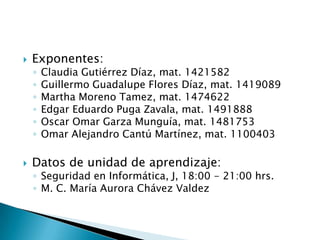    Exponentes:
    ◦   Claudia Gutiérrez Díaz, mat. 1421582
    ◦   Guillermo Guadalupe Flores Díaz, mat. 1419089
    ◦   Martha Moreno Tamez, mat. 1474622
    ◦   Edgar Eduardo Puga Zavala, mat. 1491888
    ◦   Oscar Omar Garza Munguía, mat. 1481753
    ◦   Omar Alejandro Cantú Martínez, mat. 1100403

   Datos de unidad de aprendizaje:
    ◦ Seguridad en Informática, J, 18:00 - 21:00 hrs.
    ◦ M. C. María Aurora Chávez Valdez
 