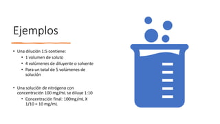 Ejemplos
• Una dilución 1:5 contiene:
• 1 volumen de soluto
• 4 volúmenes de diluyente o solvente
• Para un total de 5 volúmenes de
solución
• Una solución de nitrógeno con
concentración 100 mg/mL se diluye 1:10
• Concentración final: 100mg/mL X
1/10 = 10 mg/mL
 