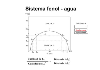 0 50 100
%fenol
50
60
70
80
T(ºC)
L1 L1
' L2
L2
'
L1
L1
'
L2
L2
'
C
MISCIBLE
INMISCIBLE
T1
T2
A
En el punto A
fenol en agua
agua en fenol
Cantidad de L1
'
Cantidad de L2
'
=
Distancia AL2
'
Distancia AL1
'
Sistema fenol - agua
 