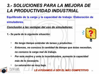 Soluciones para la mejora de la productividad industrial 
3. Soluciones para la mejora de la productividad 
industrial 
Figura 3.39. 
Como se aprecia en el gráfico, con la planificación propuesta por el jefe de producción para esa semana, 
el martes, miércoles y jueves los cuatro operarios estarían sobresaturados, mientras en el lunes y viernes su 
grado de saturación sería bajo. Ante esta situación y dado que la producción para cada día es ineludible y 
la cantidad de latas es invariable, sólo queda simular y distribuir las tareas auxiliares para equilibrar carga y 
capacidad de trabajo cada día, sin necesidad de recurrir a horas extra o cualquier otra opción. Para esto, es 
necesario tener calculado el tiempo estándar y disponer del simulador. 
Figura 3.40. 
Ahora las tareas T3 y T4 se han previsto para el lunes, mientras que las tareas T1, T2 y T5 se han 
planificado para el viernes. Según esta programación el gráfico de carga y capacidad quedará así: 
-52- 
 