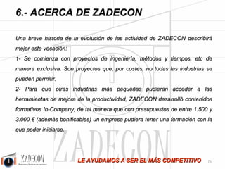 José Agustín 
Cruelles 
PORQUE LE FACILITAREMOS HERRAMIENTAS QUE LE DIFERENCIARÁN DE SU 
COMPETENCIA: 
•Conocemos el sector industrial y sabemos qué acciones y herramientas suponen auténticas ventajas 
competitivas. 
•En España hay una carencia de cultura de la productividad y de formación. Solo mentalizarse y cambiar 
de cultura supondrá adoptar un nuevo camino hacia la mejora. Con ZADECON vivirá un cambio que le 
ayudará a enfocarse en la mejora sistemática. 
ACERCA DE ZADECON – DATOS DE EMPRESA: 
•Induser Organización Industrial, S.L., B-45551991 
• Profoner, S.L., B-45524584 
•Oficinas: 
• C/ La Vega, 12, Torrijos (Toledo). 
• C/ Beurko Viejo, s/n, Barakaldo (Vizcaya). 
• Avenida Diagonal, 343, 1ª Planta, Barcelona. 
•17 Ingenieros Industriales (algunos con carné de la analistas en MTM de la Asociación española de 
MTM) en nuestros 3 centros. Los directores de proyecto tienen experiencia en acciones de mejora de la 
productividad, impartición de cursos y elaboración de contenidos (son colaboradores de la colección 
editorial de ZADECON). 
•Más de 500 proyectos de mejora de la productividad llevados a cabo. 
•Creación e impartición de más de 20 cursos relacionados con la mejora de la productividad industrial 
(ver www.academialeanzadecon.es). 
•Creación e impartición de contenidos E Learning (formamos a unos 200 alumnos al año en esta 
modalidad). 
•7 Libros publicados (uno de ellos traducido al inglés). 
•Sentimos, por tanto, una total vocación por mejorar, investigar y formar acerca de la mejora de la 
productividad. 
-71- 
 