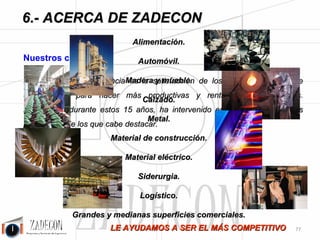 José Agustín 
Cruelles 
Oficinas de ZADECON en 
Barcelona 
6.3. Nuestra oferta de 
servicios 
Nuestra oferta de servicios se resume en los siguientes puntos: 
•Estudios de métodos y tiempos. 
•MTM UAS y MTM MEK. 
•Control de la productividad y sistemas de incentivos. 
•Simuladores de carga y capacidad de trabajo. 
•Gestión y reducción de stocks. 
•Proyectos integrales en productividad. 
•Implantaciones Lean Manufacturing. 
•Mejora continua y Kaizen. 
•Soluciones en productividad para operadores logísticos. 
•Soluciones en productividad para el sector Retail. 
•Mejora de la productividad del trabajo administrativo. 
•Formación In Company y E Learning. 
•Implantación de departamentos de Productividad Industrial y de Métodos y Tiempos. 
•OUTSOURCING. 
-73- 
 