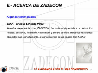 Soluciones para la mejora de la productividad 
industrial 
6.Acerca de ZADECON 
R 
-Rehco, S.L. 
-Rexam 
-Reypama, Sat Nº 751 
-Ros Roca Indox 
S 
-Sacai, S.A. 
-Sada P.A. Andalucía, S.A. 
-Sada P.A. Cataluña, S.A. 
-Sedecal 
-Sepsa 
-Serunión 
-Servaydes, S.L. 
-Seur 
-Sistemas Britor, S.L. 
-Sistemas Mecánicos Electrónicos, S.A. 
-Sociedad Textil Lonia 
-Spaindor Muebles, S.L.dox 
T 
-Talleres Orán 
-Tapicerías Soto, S.L. 
-Tarket Gestión Aie 
-Tecal 40, S.L. 
-Tecnytran, S.L. 
-Teka Industrial, S.L. 
-Toim, S.A. 
-Tubos Borondo, S.A. 
-Turrones El Lobo 
V 
-Vaquero Industrias Cárnicas, S.A. 
-Verdifresh, S.L. 
-Vidrierías Rovira 
-Viucasar, S.A. 
-Vizuete, S.L. 
A TODOS ELLOS: 
¡GRACIAS POR HABER CONFIADO EN NOSOTROS! 
-80- 
 