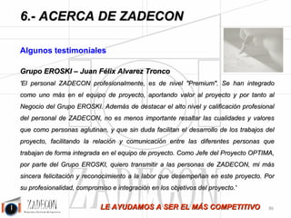 Soluciones para la mejora de la productividad 
industrial 
6.Acerca de ZADECON 
TEKA 
Enrique Lahuerta Pérez 
'Nuestra experiencia con ZADECON ha sido enriquecedora a todos los niveles: personal, formativo y operativo, 
y dentro de este marco los resultados obtenidos son, sencillamente, la consecuencia de un trabajo bien hecho.' 
Grupo EROSKI 
Juan Félix Álvarez Tronco 
'El personal ZADECON profesionalmente, es de nivel "Premium". Se han integrado como uno más en el equipo 
de proyecto, aportando valor al proyecto y por tanto al Negocio del Grupo EROSKI. Además de destacar el alto 
nivel y calificación profesional del personal de ZADECON, no es menos importante resaltar las 
cualidades y valores que como personas aglutinan, y que sin duda facilitan el desarrollo de los trabajos del 
proyecto, facilitando la relación y comunicación entre las diferentes personas que trabajan de forma integrada en 
el equipo de proyecto. Como Jefe del Proyecto OPTIMA, por parte del Grupo EROSKI, quiero transmitir a las 
personas de ZADECON, mi más sincera felicitación y reconocimiento a la labor que desempeñan en este 
proyecto. Por su profesionalidad, compromiso e integración en los objetivos del proyecto.' 
Ferrallados Torrijos, S.L. 
Yolanda Díaz Martín 
'Apostamos por ZADECON cuando nuestra empresa estaba pasando por difíciles momentos a nivel empresarial. 
Los serios problemas de fabricación con los que contábamos fueron fácilmente detectados y corregidos por técnicos 
de la firma, que además mediante el sistema de incentivos implantado, aumentaron la calidad tanto del proceso 
productivo, como la relación laboral entre la dirección de la empresa y el área de producción. La inversión fue 
mínima comparada con los beneficios obtenidos a corto plazo. Gracias a ZADECON conocemos nuestros costes 
de fabricación, lo que a día de hoy nos permite poder seguir siendo competitivos en el mercado a pesar de los 
difíciles momentos de crisis que vivimos, y la dificultad de mantenerse operativos en un sector tan en declive 
como es el sector de la construcción.' 
Faurecia 
Miguel Ángel Amo 
'Trabajamos con ZADECON desde hace años en el ámbito de la organización industrial y el balance es 
francamente muy positivo. Destacaría la vocación de servicio tan solicitada en el sector del automóvil, así como 
la profesionalidad y cualificación del equipo de personas que nos atienden.' 
AMC España 
Josep Lluís Minguillon 
'Conocimos a ZADECON a través de un práctico, útil y clarificador curso de Gestión de la Producción 
conducido por el Sr. Agustín Cruelles; a los pocos meses del curso nuestra empresa requirió de un estudio de 
métodos y tiempos para las nuevas instalaciones que hacia relativamente poco tiempo estaban en 
funcionamiento, en ese momento pensamos en ZADECON. En muy poco tiempo y con una alta profesionalidad 
ZADECON tomó los datos que requería de nuestro proceso para su análisis; el estudio incluía adicionalmente a 
los resultados más analíticos, toda una serie de propuestas de mejora con un valor añadido muy superior al coste 
del propio estudio. Bravo.' 
-82- 
 