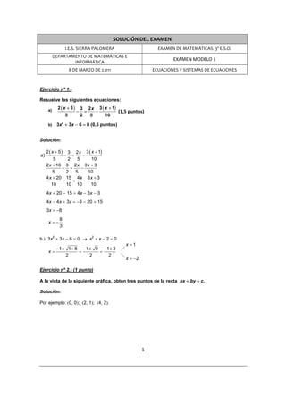 SOLUCIÓN DEL EXAMEN 
                  I.E.S. SIERRA PALOMERA                            EXAMEN DE MATEMÁTICAS. 3º E.S.O. 
           DEPARTAMENTO DE MATEMÁTICAS E 
                                                                          EXAMEN MODELO 1 
                   INFORMÁTICA 
                      8 DE MARZO DE 2.011                         ECUACIONES Y SISTEMAS DE ECUACIONES 
 

Ejercicio nº 1.-

Resuelve las siguientes ecuaciones:
             2 ( x + 5 )       3 2 x 3 ( x + 1)
      a)                   −     =   −          (1,5 puntos) 
                  5            2   5     10

      b)    3x2 + 3x − 6 = 0 (0,5 puntos)


Solución:

     2 ( x + 5) 3 2 x 3 ( x + 1)
a)               =−   −
         5      2 5       10
     2 x + 10 3 2 x 3 x + 3
             − =     −
         5     2 5       10
     4 x + 20 15 4 x 3 x + 3
             −   =     −
        10     10 10      10
     4x + 20 − 15 = 4x − 3x − 3
     4x − 4x + 3x = −3 − 20 + 15
     3x = −8
             8
      x=−
             3

b ) 3x2 + 3x − 6 = 0 → x2 + x − 2 = 0
                                                    x =1
         −1 ± 1 + 8 − 1 ± 9 − 1 ± 3
      x=           =       =
             2          2      2
                                                    x = −2

Ejercicio nº 2.- (1 punto)

A la vista de la siguiente gráfica, obtén tres puntos de la recta ax + by = c.

Solución:

Por ejemplo: (0, 0); (2, 1); (4, 2).




                                                             1 

 
 