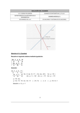 SOLUCIÓN DEL EXAMEN 
               I.E.S. SIERRA PALOMERA                          EXAMEN DE MATEMÁTICAS. 3º E.S.O. 
         DEPARTAMENTO DE MATEMÁTICAS E 
                                                                       EXAMEN MODELO 1 
                 INFORMÁTICA 
                 8 DE MARZO DE 2.011                         ECUACIONES Y SISTEMAS DE ECUACIONES 
 




Ejercicio nº 4.- (2 puntos)

Resuelve el siguiente sistema mediante igualación:

⎧ 2 x − 1 y − 3 11
⎪ 2 + 3 = 6
⎪
⎨
⎪− 2 x + y − 1 = − 6
⎪ 5
⎩         10       5

Solución:

    2 x − 1 y − 3 11 ⎫
           +     =
       2      3    6 ⎪⎪
                      ⎬
        2x y − 1    6 ⎪ 6 x − 3 + 2y − 6 = 11 ⎫ 6 x + 2y = 20 ⎫ 3 x + y = 10 ⎫
      −    +     =−                            ⎬               ⎬               ⎬
         5   10     5⎪⎭      −4 x + y − 1 = −12⎭ −4 x + y = −11⎭ −4 x + y = −11⎭

       y = 10 − 3 x ⎫
                    ⎬
       y = 4 x − 11⎭ 10 − 3 x = 4 x − 11 →   21 = 7 x    →   x=3   →    y = 10 − 9 = 1

      Solución: x = 3; y = 1




                                                        3 

 
 