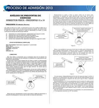 10



               ANÁLISIS DE PREGUNTAS DE                                                        Posteriormente se vuelve a frotar la misma varilla con el mismo paño,
                                                                                             aumentando la cantidad de carga eléctrica que tenía luego de tocar el

                       CIENCIAS                                                              electroscopio, y conservando su tipo de carga. Ahora, al acercar nuevamente esta
                                                                                             varilla al electroscopio, cargado con el mismo tipo de carga que posee la varilla,
     SUBSECTOR FÍSICA – PREGUNTAS 10 a 18                                                    se produce una redistribución de la carga eléctrica presente en el electroscopio,
                                                                                             de manera que se conserva la carga neta del electroscopio. Entonces, si la varilla
                                                                                             está cargada positivamente, los electrones libres presentes en el electroscopio se
                                                                                             moverán hacia la parte alta de él, quedando las láminas con un mayor déficit de
     PREGUNTA 10 (Módulo Electivo)                                                           electrones, lo cual hace que las láminas se separen aún más (ver figura 2).

 Una varilla se frota con un paño. A continuación se toca con la varilla la esfera de un
 electroscopio en estado neutro, de modo que las láminas se separan. Se vuelve a frotar                                                    Electroscopio cargado positivamente,
 la varilla con el paño y se aproxima la varilla al electroscopio sin tocarlo. En esas                                                        al cual se le acerca una varilla
 condiciones las láminas del electroscopio deberían                                                                                               cargada positivamente.
                                                                                                                             +++
                                                                                                                                +++
     A)     mantenerse con la misma separación, independiente de la carga de la varilla.                                           +
     B)     separarse más, solo si la carga de la varilla fuera negativa.                             Varilla cargada
                                                                                                                                                    +
     C)     separarse más, independiente del signo de la carga de la varilla.                      positivamente, frotada
     D)     separarse más, solo si la carga de la varilla fuera positiva.                               nuevamente.
     E)     cerrarse más o separarse más, dependiendo del signo de la carga de la varilla.

                                                                                                                                                 ++ ++
              {FICHA DE REFERENCIA CURRICULAR}                                                                                                  +      +
     Área / Eje Temático: Electricidad y magnetismo / La electricidad
     Nivel: I Medio                                                                                                               Figura 2
     Contenido: Carga eléctrica
     Habilidad: Comprensión
     Clave: C                                                                                  Ahora, si se considera el caso para el cual tanto la varilla como el electroscopio
     Dificultad: Alta                                                                        están cargados negativamente, cuando se acerca la varilla al electroscopio, los
                                                                                             electrones libres presentes en el electroscopio tenderán a moverse hacia las
                                                                                             láminas del electroscopio, quedando estas con una cantidad aún mayor de
              COMENTARIO                                                                     electrones, lo cual también hace que se separen aún más (ver figura 3).

       Este ítem mide la comprensión que el postulante tiene de los métodos de                                                                       Electroscopio cargado
     electrización, sus efectos en los materiales y la detección de carga eléctrica por                                                        negativamente, al cual se le acerca
     medio de un electroscopio.                                                                                                                una varilla cargada negativamente.
       En este caso se afirma que se dispone de una varilla, un paño y un electroscopio
     en estado neutro. En un primer momento se frota la varilla con el paño, cargándose                                     ––
                                                                                                                            – –––
     la varilla con carga eléctrica de distinto signo a la que queda cargado el paño,                                           –                       –
     dado que se transfieren electrones de la varilla al paño o del paño a la varilla,             Varilla cargada
                                                                                                   negativamente,
     dependiendo esto de la naturaleza de los materiales en frotación. Ambos quedan
                                                                                                frotada nuevamente.
     con la misma cantidad de carga, pero de signo contrario, de manera que se
     conserva la carga neta del sistema.

                                                                                                                                                    –– – –
       El electroscopio, inicialmente en estado neutro, se toca con la varilla cargada, la
     cual transfiere parte de su carga a él, quedando ambos con el mismo tipo de carga,
     lo que se manifiesta mediante la separación de las láminas del electroscopio, las                                                             –       –
     que se repelen entre sí (ver figura 1).
                                                                                                                                Figura 3

                                                                      Electroscopio            De esta manera, independientemente del tipo de carga que tenga la varilla, al
                                                                  cargado por contacto       acercarla a un electroscopio que tenga su mismo tipo de carga producirá que las
                                ++                      +                                    láminas del electroscopio se separen aún más, por lo que la clave o respuesta
                                     ++                                                      correcta es la opción C).
                                                                                               Aproximadamente el 10% de los postulantes marcó la opción A), quizás porque
          Varilla cargada                                                                    pensaron erróneamente que el solo hecho de acercar la varilla no era suficiente
          eléctricamente                                ++                                   para generar un nuevo efecto en el electroscopio, al no haber traspaso de carga.
                                                        ++                                   Por otra parte, aproximadamente el 24% de los postulantes marcó la opción E):
                                                       + +                                   probablemente se dieron cuenta de que “algo sucedía” con la carga eléctrica,
                                                                                             pero no comprendieron cómo adquiere carga la varilla y cómo esta es detectada
                                                                                             por el electroscopio.
                                                                                               Este ítem resultó de alta dificultad para los postulantes, con aproximadamente el
                                            Figura 1                                         11% de respuestas correctas y un 46% de omisión.

        (Notar que se ha representado el caso en que existe un déficit de electrones; la
     situación es análoga para el caso en que se tiene un exceso de electrones.)
 