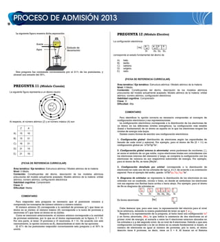 16


       La siguiente figura muestra dicha separación:                                         PREGUNTA 12 (Módulo Electivo)
                                                                                          La configuración electrónica
                          Aceite
                                                       Embudo de                                                 He
                          Agua                         decantación                                                       2s        2px 2py 2pz
                                                                                          corresponde al estado fundamental del átomo de

                                                                                             A)    helio.
                                                                                             B)    berilio.
                                                                                             C)    carbono.
                                                                                             D)    oxígeno.
       Esta pregunta fue contestada correctamente por el 21% de los postulantes, y           E)    neón.
     alcanzó una omisión del 35%.
                                                                                                     {FICHA DE REFERENCIA CURRICULAR}

                                                                                             Área temática / Eje temático: Estructura atómica / Modelo atómico de la materia
     PREGUNTA 11 (Módulo Común)                                                              Nivel: II Medio
                                                                                             Contenido: Constituyentes del átomo, descripción de los modelos atómicos
 La siguiente figura representa a un átomo neutro:                                           precursores del modelo actualmente aceptado; Modelo atómico de la materia: orbital
                                                                                             atómico, número atómico, configuración electrónica
                                                                                             Habilidad cognitiva: Comprensión
                                                                                             Clave: D
                                             +                                               Dificultad: Alta
                                      15 p
                                             0
                                      16 n
                                                                                                     COMENTARIO

                                                                                               Para identificar la opción correcta es necesario comprender el concepto de
                                                                                             configuración electrónica y sus representaciones.
 Al respecto, el número atómico (Z) y el número másico (A) son
                                                                                               La configuración electrónica corresponde a la distribución de los electrones de
                                                                                             un átomo en los diferentes niveles energéticos. La configuración más estable
           Z      A                                                                          (basal o fundamental) de un átomo es aquella en la que los electrones ocupan los
                                                                                             niveles de energía más bajos.
     A)   15     16                                                                            Existen cuatro formas de escribir una configuración electrónica:
     B)   15     31                                                                          1. Configuración global: distribución de electrones según las capacidades de
                                                                                             llenado de cada nivel y subnivel. Por ejemplo, para el átomo de Na (Z = 11) su
     C)   16     31
                                                                                             configuración global es: 1s22s22p63s1.
     D)   31     15
                                                                                             2. Configuración global externa (o abreviada): entre paréntesis de corchetes, [ ],
     E)   31     16                                                                          se anota el símbolo de un gas noble, cuyos electrones totales son coincidentes con
                                                                                             los electrones internos del elemento y luego, se completa la configuración con los
                                                                                             electrones de valencia en sus respectivos subniveles de energía. Por ejemplo,
                                                                                             para el átomo de Na, se tiene [Ne]3s1.
            {FICHA DE REFERENCIA CURRICULAR}
                                                                                             3. Configuración detallada por orbital: corresponde a la distribución de
     Área temática / Eje temático: Estructura atómica / Modelo atómico de la materia         electrones en cada uno de los orbitales de tipo p, d o f, de acuerdo a su orientación
     Nivel: II Medio                                                                         espacial. Para el ejemplo del sodio, queda: 1s22s22px22py22pz23s1.
     Contenido: Constituyentes del átomo, descripción de los modelos atómicos
     precursores del modelo actualmente aceptado; Modelo atómico de la materia: orbital      4. Diagrama de orbitales: se representa la distribución de los electrones en sus
     atómico, número atómico, configuración electrónica                                      orbitales con un cuadrado, círculo o línea, en donde se simbolizan los electrones
     Habilidad cognitiva: Comprensión                                                        con sus espines con flechas hacia arriba o hacia abajo. Por ejemplo, para el átomo
     Clave: B                                                                                de Na su diagrama de orbitales es:
     Dificultad: Media

                                                                                                                   1s         2s        2px 2py 2pz   3s
            COMENTARIO
                                                                                             En forma abreviada:                   Ne
       Para responder esta pregunta es necesario que el postulante conozca y                                                                          3s
     comprenda los conceptos de número atómico y número másico.
       El número atómico (Z) corresponde a la cantidad de protones (p+) que tiene un           Cabe destacar que, para este caso, la representación del electrón para el nivel
     átomo en su núcleo; el número másico (A) corresponde a la suma de protones y            3s es arbitraria, teniendo la misma posibilidad de tener un spin o .
     neutrones (n0) que tiene un átomo en su núcleo.                                           Respecto a la representación de la pregunta, el helio tiene una configuración 1s2
       Como se mencionó anteriormente, el número atómico corresponde a la cantidad           y en forma abreviada, He , lo que indica la existencia de dos electrones en el
     de protones existentes, por lo que en el átomo representado en la figura, Z = 15.
                                                                                             primer nivel de energía; al sumarle a estos los 6 electrones externos ubicados en
     Por otra parte, al tener 15 protones y 16 neutrones, A = 31. De acuerdo con este
                                                                                             los orbitales s y p del segundo nivel, da un total de 8 electrones. Debido a que esta
     razonamiento, la opción correcta es A), descartándose el resto de las opciones.
                                                                                             configuración corresponde a la de un átomo en su estado fundamental (o basal), el
       El 47% de los postulantes respondió correctamente esta pregunta y el 30% la
                                                                                             número de electrones es igual al número de protones, por lo tanto, el átomo
     omitió.
                                                                                             descrito tiene 8 protones, es decir, tiene un Z = 8. Al buscar en el Sistema
 