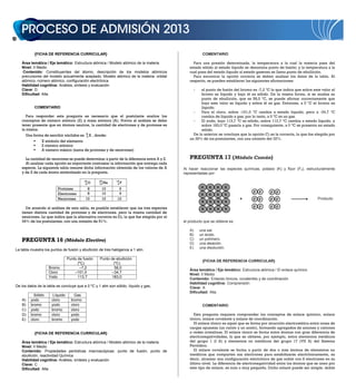 18


            {FICHA DE REFERENCIA CURRICULAR}                                                            COMENTARIO

     Área temática / Eje temático: Estructura atómica / Modelo atómico de la materia              Para una presión determinada, la temperatura a la cual la materia pasa del
     Nivel: II Medio                                                                            estado sólido al estado líquido se denomina punto de fusión; y la temperatura a la
     Contenido: Constituyentes del átomo, descripción de los modelos atómicos                   cual pasa del estado líquido al estado gaseoso se llama punto de ebullición.
     precursores del modelo actualmente aceptado; Modelo atómico de la materia: orbital           Para encontrar la opción correcta se deben analizar los datos de la tabla. Al
     atómico, número atómico, configuración electrónica                                         respecto, se pueden establecer las siguientes afirmaciones:
     Habilidad cognitiva: Análisis, síntesis y evaluación
     Clave: D                                                                                     -   el punto de fusión del bromo es -7,2 ºC lo que indica que sobre este valor el
     Dificultad: Alta                                                                                 bromo es líquido y bajo él es sólido. De la misma forma, si se analiza su
                                                                                                      punto de ebullición, que es 58,0 ºC, se puede afirmar correctamente que
                                                                                                      bajo este valor es líquido y sobre él es gas. Entonces, a 0 ºC el bromo es
            COMENTARIO                                                                                líquido.
                                                                                                  -   Para el cloro, sobre -101,0 ºC cambia a estado líquido, pero a -34,7 ºC
        Para responder esta pregunta es necesario que el postulante analice los                       cambia de líquido a gas; por lo tanto, a 0 ºC es un gas.
     conceptos de número atómico (Z) y masa atómica (A). Previo al análisis se debe               -   El yodo, bajo 113,7 ºC es sólido, sobre 113,7 ºC cambia a estado líquido, y
     tener presente que en átomos neutros, la cantidad de electrones y de protones es                 sobre 183,0 ºC pasaría a gas. Por consiguiente, a 0 ºC se presenta en estado
     la misma.                                                                                        sólido.
       Una forma de escribir núclidos es   A                                                      De lo anterior se concluye que la opción C) es la correcta, la que fue elegida por
                                           ZX    , donde:
                                                                                                un 39% de los postulantes, con una omisión del 32%.
                X símbolo del elemento
                Z número atómico
                A número másico (suma de protones y de neutrones)

       La cantidad de neutrones se puede determinar a partir de la diferencia entre A y Z.      PREGUNTA 17 (Módulo Común)
       Al analizar cada opción es importante contrastar la información que entrega cada
     especie. La siguiente tabla resume dicha información obtenida de los valores de A       Al hacer reaccionar las especies químicas, potasio (K) y flúor (F2), estructuralmente
     y de Z de cada átomo simbolizado en la pregunta.                                        representadas por:

                                           18       20        19
                                            8O      10 Ne      9F
                          Protones          8         10        9                                      K   K    K   K
                          Electrones        8         10        9                                                                   F F       F F
                                                                                                       K   K    K   K
                          Neutrones        10         10       10
                                                                                                       K    K   K       K
                                                                                                                             +      F F       F F                         Producto

        De acuerdo al análisis de esta tabla, es posible establecer que las tres especies                                           F F       F F
                                                                                                       K    K   K       K
     tienen distinta cantidad de protones y de electrones, pero la misma cantidad de
     neutrones. Lo que indica que la alternativa correcta es D), la que fue elegida por el
     34% de los postulantes, con una omisión de 51%.                                         el producto que se obtiene es

                                                                                                A)    una sal.
                                                                                                B)    un ácido.
     PREGUNTA 16 (Módulo Electivo)                                                              C)
                                                                                                D)
                                                                                                      un polímero.
                                                                                                      una aleación.
                                                                                                E)    una disolución.
 La tabla muestra los puntos de fusión y ebullición de tres halógenos a 1 atm.

                                 Punto de fusión     Punto de ebullición
                                                                                                        {FICHA DE REFERENCIA CURRICULAR}
                                       (ºC)                  (ºC)
                     Bromo              –7,2                 58,0
                                                                                                Área temática / Eje temático: Estructura atómica / El enlace químico
                     Cloro           –101,0                 –34,7
                                                                                                Nivel: II Medio
                     Yodo              113,7                183,0                               Contenido: Enlaces iónicos, covalentes y de coordinación
                                                                                                Habilidad cognitiva: Comprensión
 De los datos de la tabla se concluye que a 0 ºC y 1 atm son sólido, líquido y gas,             Clave: A
                                                                                                Dificultad: Alta
            Sólido     Líquido       Gas
     A)   yodo        cloro        bromo
     B)   bromo       yodo         cloro                                                                COMENTARIO
     C)   yodo        bromo        cloro
     D)   bromo       cloro        yodo                                                           Esta pregunta requiere comprender los conceptos de enlace químico, enlace
     E)   cloro       bromo        yodo                                                         iónico, enlace covalente y enlace de coordinación.
                                                                                                  El enlace iónico es aquel que se forma por atracción electrostática entre iones de
                                                                                                cargas opuestas (un catión y un anión), formando agregados de aniones y cationes
            {FICHA DE REFERENCIA CURRICULAR}                                                    o redes cristalinas. El enlace iónico se forma entre átomos con gran diferencia de
                                                                                                electronegatividades, la que se obtiene, por ejemplo, entre elementos metálicos
     Área temática / Eje temático: Estructura atómica / Modelo atómico de la materia            del grupo 1 (I A) y elementos no metálicos del grupo 17 (VII A) del Sistema
     Nivel: II Medio                                                                            Periódico.
     Contenido: Propiedades periódicas macroscópicas: punto de fusión, punto de                   El enlace covalente se forma a partir de dos o más átomos de elementos no
     ebullición, reactividad Química                                                            metálicos que comparten sus electrones para estabilizarse electrónicamente, es
     Habilidad cognitiva: Análisis, síntesis y evaluación                                       decir, alcanzar una configuración electrónica de gas noble con 8 electrones en su
     Clave: C                                                                                   último nivel. La diferencia de electronegatividad entre los átomos que se unen por
     Dificultad: Alta                                                                           este tipo de enlace, es nula o muy pequeña. Dicho enlace puede ser simple, doble
 