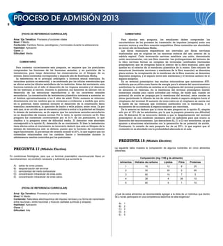 {FICHA DE REFERENCIA CURRICULAR}                                                         COMENTARIO

       Área / Eje Temático: Procesos y funciones vitales                                             Para abordar esta pregunta, los estudiantes deben comprender las
       Nivel: II Medio                                                                            características de los procesos de transmisión de impulsos (sinapsis) entre una
       Contenido: Cambios físicos, psicológicos y hormonales durante la adolescencia              neurona motora y una fibra muscular esquelética. Estos contenidos son abordados
       Habilidad: Aplicación                                                                      en tercer año de Enseñanza Media.
       Clave: D                                                                                      Las fibras musculares esqueléticas son inervadas por fibras nerviosas
       Dificultad: Media                                                                          mielinizadas que se originan en las neuronas motoras del asta anterior de la
                                                                                                  médula espinal. Cada terminación nerviosa establece una unión, denominada
                                                                                                  unión neuromuscular, con una fibra muscular. Las prolongaciones del extremo de
            COMENTARIO                                                                            la fibra nerviosa forman un complejo de terminales ramificados (terminales
                                                                                                  presinápticos) que se invaginan hacia el interior de la fibra muscular, pero que
          Para contestar correctamente esta pregunta, se requiere que los postulantes             quedan en el exterior de la membrana plasmática de la misma. Este conjunto de
       comprendan las funciones de las hormonas sexuales, y en particular de la                   estructuras (terminales nerviosos y membrana de la fibra muscular) se denomina
       testosterona, para luego determinar las consecuencias en el bloqueo de su                  placa motora. La invaginación de la membrana de la fibra muscular se denomina
       síntesis. Estos contenidos corresponden a segundo año de Enseñanza Media.                  depresión sináptica, y el espacio entre esta membrana y el terminal axónico es el
          La testosterona es el principal andrógeno y hormona sexual masculina. Su                espacio sináptico.
       naturaleza química es esteroidal, y es sintetizada por las células intersticiales que         En un terminal presináptico hay muchas mitocondrias que suministran ATP,
       se ubican entre los túbulos seminíferos de los testículos. Antes del nacimiento, esta      molécula que se utiliza como fuente de energía para la síntesis del neurotransmisor
       hormona estimula en el niño el desarrollo de los órganos sexuales y el descenso            acetilcolina. La acetilcolina se sintetiza en el citoplasma del terminal presináptico y
       de los testículos al escroto. Durante la pubertad, sus funciones se asocian con el         se almacena en vesículas. En la membrana del terminal presináptico existen
       desarrollo de las estructuras reproductivas y de los caracteres sexuales                   numerosos canales para calcio activados por voltaje, de modo que, cuando un
       secundarios. La concentración de testosterona plasmática comienza a aumentar en            potencial de acción se propaga por la membrana del terminal, estos canales se
       el hombre aproximadamente a los 8 años de edad. Dicho aumento se relaciona                 abren permitiendo la difusión de ion de calcio desde el espacio sináptico hacia el
       directamente con los cambios que se comienzan a evidenciar a medida que entra              citoplasma del terminal. El aumento de iones calcio en el citoplasma se asocia con
       en la pubertad. Estos cambios incluyen el desarrollo de la constitución física             la fusión de las vesículas que contienen acetilcolina con la membrana, y el
       masculina característica, la aparición de barba y vello púbico, entre otros. Es por        vaciamiento de su contenido al espacio sináptico por exocitosis.
       esto que, si en un niño que se encuentra próximo a entrar a la pubertad se bloquea            De lo anterior se deduce que la clave de esta pregunta es la opción E), elegida
       la síntesis de testosterona, es de esperar que los caracteres sexuales secundarios         solo por el 12% de los estudiantes, por lo que la pregunta presenta una dificultad
       no se desarrollen de manera normal. Por lo tanto, la opción correcta es D). Esta           alta. El distractor B) es incorrecto debido a que la despolarización del terminal
       pregunta fue contestada correctamente por el 51% de los postulantes, lo que                presináptico es una condición necesaria pero no suficiente para que ocurra la
       clasifica a la pregunta como de dificultad media. El distractor más abordado               liberación del neurotransmisor. Los distractores A), C) y D) son incorrectos, ya que
       correspondió a la opción A), detención de su crecimiento. Si bien la testosterona          apuntan a situaciones relacionadas con la generación de un potencial de acción.
       tiene efectos sobre el crecimiento, es incorrecto deducir que ante un bloqueo de la        Finalmente, la omisión de esta pregunta fue de un 65%, lo que sugiere que el
       síntesis de testosterona este se detiene, puesto que la hormona de crecimiento             contenido no es abordado con la profundidad adecuada en el aula.
       sigue funcionando. El porcentaje de omisión alcanzó el 20%, lo que sugiere que los
       contenidos relacionados con los cambios físicos y hormonales durante la
       adolescencia resultan conocidos por los postulantes.
                                                                                                  PREGUNTA 18 (Módulo Electivo)
                                                                                               La siguiente tabla muestra la composición de algunos nutrientes en cinco alimentos
       PREGUNTA 17 (Módulo Electivo)                                                           diferentes:

    En condiciones fisiológicas, para que un terminal presináptico neuromuscular libere un
    neurotransmisor, es condición necesaria y suficiente que aumente la                                               Composición (mg / 100 g de alimento)
                                                                                                   Alimentos     Hidratos de carbono         Lípidos       Fibra     Proteínas
       A)   salida de iones potasio.                                                                    1                 18                   12            8           25
       B)   despolarización del terminal.
       C)   osmolaridad del medio extracelular.                                                         2                 30                   32            2           95
       D)   concentración intracelular de iones sodio.                                                  3                 90                   15            7            5
       E)   concentración intracelular de iones calcio.
                                                                                                        4                 38                    4           36           10
                                                                                                        5                 90                    5            1           70

              {FICHA DE REFERENCIA CURRICULAR}

       Área / Eje Temático: Procesos y funciones vitales                                       ¿Cuál de estos alimentos es recomendable agregar a la dieta de un individuo que dentro
       Nivel: IV Medio                                                                         de 2 horas participará en una competencia deportiva de alta exigencia?
       Contenido: Naturaleza electroquímica del impulso nervioso y su forma de transmisión
       entre neuronas y entre neuronas y músculo (señales químicas y sinapsis)
                                                                                                  A)   1
       Habilidad: Aplicación
                                                                                                  B)   2
       Clave: E
                                                                                                  C)   3
       Dificultad: Alta
                                                                                                  D)   4
                                                                                                  E)   5
 