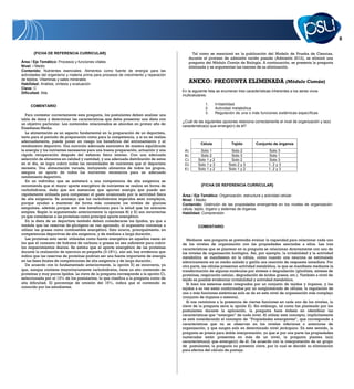 {FICHA DE REFERENCIA CURRICULAR}                                                    Tal como se mencionó en la publicación del Modelo de Prueba de Ciencias,
                                                                                         durante el proceso de admisión recién pasado (Admisión 2012), se eliminó una
Área / Eje Temático: Procesos y funciones vitales                                        pregunta del Módulo Común de Biología. A continuación, se presenta la pregunta
Nivel: I Medio                                                                           eliminada y se argumentan las razones de su eliminación.
Contenido: Nutrientes esenciales. Alimentos como fuente de energía para las
actividades del organismo y materia prima para procesos de crecimiento y reparación
de tejidos. Vitaminas y sales minerales
Habilidad: Análisis, síntesis y evaluación
                                                                                         ANEXO: PREGUNTA ELIMINADA (Módulo Común)
Clave: C
                                                                                      En la siguiente lista se enumeran tres características inherentes a los seres vivos
Dificultad: Alta
                                                                                      multicelulares:

                                                                                                    1.      Irritabilidad
     COMENTARIO
                                                                                                    2.      Actividad metabólica
                                                                                                    3.      Regulación de una o más funciones sistémicas específicas
   Para contestar correctamente esta pregunta, los postulantes deben analizar una
tabla de datos y determinar las características que debe presentar una dieta con
                                                                                      ¿Cuál de las siguientes opciones relaciona correctamente el nivel de organización y la(s)
un objetivo particular. Los contenidos relacionados se abordan en primer año de
                                                                                      característica(s) que emerge(n) de él?
Enseñanza Media.
   La alimentación es un aspecto fundamental en la preparación de un deportista,
tanto para el período de preparación como para la competencia, y si no se realiza
adecuadamente, puede poner en riesgo los beneficios del entrenamiento y el
                                                                                                 Célula              Tejido       Conjunto de órganos
rendimiento deportivo. Una nutrición adecuada suministra de manera equilibrada
la energía y los nutrientes necesarios para una buena preparación, actuación y una     A)       Solo 1              Solo 2                Solo 3
rápida recuperación después del esfuerzo físico intenso. Con una adecuada              B)       Solo 2              Solo 3                Solo 1
selección de alimentos en calidad y cantidad, y una adecuada distribución de estos     C)      Solo 1 y 2           Solo 2                Solo 3
en el día, se logra cubrir todas las necesidades de nutrientes que el deportista       D)      Solo 1 y 3          Solo 2 y 3             1, 2 y 3
necesita. Una alimentación variada, incluyendo alimentos de todos los grupos,          E)      Solo 1 y 2          Solo 1 y 2             1, 2 y 3
asegura un aporte de todos los nutrientes necesarios para un adecuado
rendimiento deportivo.
   En un individuo que se someterá a una competencia de alta exigencia se
recomienda que el mayor aporte energético de nutrientes se realice en forma de                   {FICHA DE REFERENCIA CURRICULAR}
carbohidratos, dado que son sustancias que aportan energía que puede ser
rápidamente utilizada para compensar el gasto ocasionado por la actividad física      Área / Eje Temático: Organización, estructura y actividad celular.
de alta exigencia. Se aconseja que los carbohidratos ingeridos sean complejos,        Nivel: I Medio
porque ayudan a mantener de forma más constante los niveles de glucosa                Contenido: Distinción de las propiedades emergentes en los niveles de organización:
sanguínea, además porque son más beneficiosos para la salud que los azúcares          célula, tejido, órgano y sistemas de órganos
simples. Según lo argumentado anteriormente la opciones B) y E) son incorrectas       Habilidad: Comprensión
ya que consideran a las proteínas como principal aporte energético.
   En la dieta de un deportista también deben considerarse los lípidos, ya que a
medida que las reservas de glicógeno se van agotando, el organismo comienza a                  COMENTARIO
utilizar las grasas como combustible energético. Esto ocurre, principalmente, en
competencias deportivas de alta exigencia, y de mediana a larga duración.
   Las proteínas solo serán utilizadas como fuente energética en aquellos casos en       Mediante esta pregunta se pretendía evaluar la capacidad para relacionar cada uno
los que el consumo de hidratos de carbono o grasas no sea suficiente para cubrir      de los niveles de organización con las propiedades asociadas a ellos. Las tres
los requerimientos diarios. Se estima que el aporte energético de las proteínas       características que se plantean en la pregunta se relacionan directamente con uno de
durante la realización de ejercicio es pequeña (3-18%), aún así, hay evidencia que    los niveles de organización biológica. Así, por ejemplo, la irritabilidad y la actividad
indica que las reservas de proteínas podrían ser una fuente importante de energía     metabólica se manifiestan en la célula, como cuando una neurona es estimulada
en las fases finales de competiciones de alta exigencia y de larga duración.          eléctricamente en un medio aislado y gatilla una reacción de respuesta inmediata. Por
   De acuerdo con lo fundamentado anteriormente, la opción E) es incorrecta, ya       otra parte, las células presentan actividad metabólica, la que se manifiesta mediante la
que, aunque contiene mayoritariamente carbohidratos, tiene un alto contenido de       transformación de algunas moléculas por síntesis o degradación (glicólisis, síntesis de
proteínas y muy pocos lípidos. La clave de la pregunta corresponde a la opción C),    proteínas, respiración celular, degradación de ácidos grasos, etc.). También a nivel de
seleccionada por el 13% de los postulantes, lo que clasifica a la pregunta como de    tejido es posible evidenciar irritabilidad y actividad metabólica.
alta dificultad. El porcentaje de omisión del 16%, indica que el contenido es            Si bien los sistemas están integrados por un conjunto de tejidos y órganos, y los
conocido por los estudiantes.                                                         tejidos a su vez están conformados por un conglomerado de células, la regulación de
                                                                                      una o más funciones sistémicas solo se da en este nivel de organización más complejo
                                                                                      (conjunto de órganos o sistema).
                                                                                         Si nos remitimos a la presencia de ciertas funciones en cada uno de los niveles, la
                                                                                      clave de la pregunta sería la opción E). Sin embargo, tal como fue planteado por los
                                                                                      postulantes durante la aplicación, la pregunta hace énfasis en identificar las
                                                                                      características que “emergen” de cada nivel. Al utilizar este concepto, implícitamente
                                                                                      se está considerando el concepto de “Propiedades emergentes”, que corresponde a
                                                                                      características que no se observan en los niveles inferiores o anteriores de
                                                                                      organización, y que surgen solo en determinado nivel jerárquico. En este sentido, la
                                                                                      pregunta se presta para doble interpretación, ya que si por una parte las propiedades
                                                                                      numeradas están presentes en más de un nivel, la pregunta plantea la(s)
                                                                                      característica(s) que emerge(n) de él. De acuerdo con la interpretación de un grupo
                                                                                      de postulantes, la pregunta no presenta clave, por lo cual se decidió su eliminación
                                                                                      para efectos del cálculo de puntaje.
 