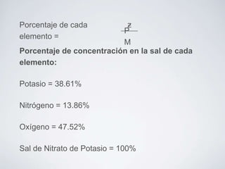 ƶ
P
M
Porcentaje de concentración en la sal de cada
elemento:
Porcentaje de cada
elemento =

Potasio = 38.61%

Nitrógeno = 13.86%
Oxígeno = 47.52%
Sal de Nitrato de Potasio = 100%

 