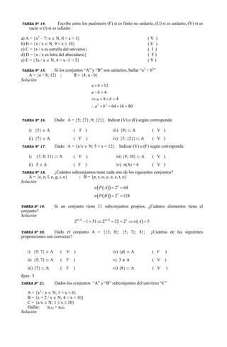 TAREA Nº 14. Escribe entre los paréntesis (F) si es finito no unitario, (U) si es unitario, (V) si es
vacío o (I) si es infinito
a) A = x2
– 7/ x  N, 0 < x < 1 ( V )
b) B = x / x  N, 9 < x  10 ( U )
c) C = x / x es estrella del universo ( I )
d) D = x / x es letra del abecedario ( F )
e) E = 3x / x  N, 4 < x -1 < 5 ( V )
TAREA Nº 15. Si los conjuntos “A” y “B” son unitarios, hallar “a2
+ b2
”
A = {a + b; 12} ; B = {4; a - b}
Solución
2 2
12
4
8 4
64 16 80
a b
a b
a b
a b
 
 
   
    
TAREA Nº 16. Dado: A = {5; {7}; 9; {2}}. Indicar (V) o (F) según corresponda:
i) {5}  A ( F ) iii) {9}  A ( V )
ii) {7}  A ( V ) iv) {5; {2}}  A ( V )
TAREA Nº 17. Dado: A = {x/x  N; 5 < x < 12} . Indicar (V) o (F) según corresponda:
i) {7; 8; 11}  A ( V ) iii) {8; 10}  A ( V )
ii) 5  A ( F ) iv) n(A) = 6 ( V )
TAREA Nº 18. ¿Cuántos subconjuntos tiene cada uno de los siguientes conjuntos?
A = {c, o, l, e, g, i, o} ; B = {p, r, o, y, e, c, t, o}
Solución
  
  
6
7
2 64
2 128
n P A
n P B
 
 
TAREA Nº 19. Si un conjunto tiene 31 subconjuntos propios, ¿Cuántos elementos tiene el
conjunto?
Solución
   
 5
2 1 31 2 32 2 5n A n A
n A      
TAREA Nº 20. Dado el conjunto A = {{3; 8}; {5; 7}; 8}; ¿Cuántas de las siguientes
proposiciones son correctas?
i) {5; 7}  A ( V ) iv) {}  A ( F )
ii) {5; 7}  A ( F ) v) 3  A ( V )
iii) {7}  A ( F ) vi) {8}  A ( V )
Rpta: 3
TAREA Nº 21. Dados los conjuntos “A” y “B” subconjuntos del universo “C”
A = {x2
/ x  N; 1 < x < 6}
B = {x + 2 / x  N; 4 < x < 10}
C = {x/x  N; 1  x  10}
Hallar: n(A) + n(B)
Solución
 