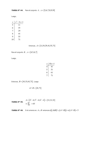 TAREA Nº 44. Para el conjunto A , 5,6,7,8,9,10x
Luego,
2
3 1
5 11
6 19
7 29
8 41
9 55
10 71
x x x
Entonces, 11,19,29,41,55,71A
Para el conjunto B , 4,5,6,7x
Luego,
10 1
4 41
5 51
6 61
7 71
x x
Entonces, 41,51,61,71B . Luego
41,71A B
TAREA Nº 46.
2 2 2
4 4,5 4,6 4 12,21,32
65
A
TAREA Nº 48. Si el universo es A B entonces ' 3n A B A B n A B 