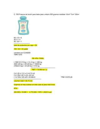 C .700 Frascos de loción para bebe peso unitario 500 gramos medidas 10cm* 7cm* 30cm




60 / 10 = 6
40 /7 = 5
50 / 30 = 1
-----------------------------
total de productos por caja = 30

700 / 30 = 23 pallet

carretera ton $ 250000
TMR=1970

                                 PB =PN +TARA

( 1800 X 0.15 kg ) + 5 ( 2 kg ) = 280 kg
(500 x35 kg ) +25 (20 kg ) = 18000 kg
(700x0.5 kg) + 23 (20 kg ) = 810 kg
                        ---------------------------------------------
                          PBT = 19.090 ton / p

(1x1,20 x1,12 ) x 5 =6,72 m3
(1x1,20x1,40 ) x 25 =42 m3
( 1x1,20x1,30) x23 =35.88m3                                             TRM $1970,28
--------------------------------------------------
volumen total = 84.73 m3

Cojemos el mas costoso en este caso el peso total bruto

RTA :

250.000 x 19.090 = 4,772,500 / 1970 = 2422.5 usd
 