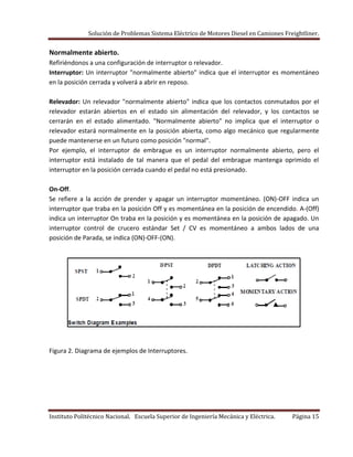 Solución de Problemas Sistema Eléctrico de Motores Diesel en Camiones Freightliner.
Instituto Politécnico Nacional. Escuela Superior de Ingeniería Mecánica y Eléctrica. Página 15
Normalmente abierto.
Refiriéndonos a una configuración de interruptor o relevador.
Interruptor: Un interruptor "normalmente abierto" indica que el interruptor es momentáneo
en la posición cerrada y volverá a abrir en reposo.
Relevador: Un relevador "normalmente abierto" indica que los contactos conmutados por el
relevador estarán abiertos en el estado sin alimentación del relevador, y los contactos se
cerrarán en el estado alimentado. "Normalmente abierto" no implica que el interruptor o
relevador estará normalmente en la posición abierta, como algo mecánico que regularmente
puede mantenerse en un futuro como posición "normal".
Por ejemplo, el interruptor de embrague es un interruptor normalmente abierto, pero el
interruptor está instalado de tal manera que el pedal del embrague mantenga oprimido el
interruptor en la posición cerrada cuando el pedal no está presionado.
On-Off.
Se refiere a la acción de prender y apagar un interruptor momentáneo. (ON)-OFF indica un
interruptor que traba en la posición Off y es momentánea en la posición de encendido. A-(Off)
indica un interruptor On traba en la posición y es momentánea en la posición de apagado. Un
interruptor control de crucero estándar Set / CV es momentáneo a ambos lados de una
posición de Parada, se indica (ON)-OFF-(ON).
Figura 2. Diagrama de ejemplos de Interruptores.
 