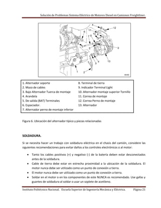 Solución de Problemas Sistema Eléctrico de Motores Diesel en Camiones Freightliner.
Instituto Politécnico Nacional. Escuela Superior de Ingeniería Mecánica y Eléctrica. Página 21
1. Alternador soporte 8. Terminal de tierra
2. Mazo de cables 9. Indicador Terminal Light
3. Bajo Alternador Tuerca de montaje 10. Alternador montaje superior Tornillo
4. Arandela 11. Correa de montaje
5. De salida (BAT) Terminales 12. Correa Perno de montaje
6. Espaciador. 13. Alternador
7. Alternador perno de montaje inferior
Figura 6. Ubicación del alternador típico y piezas relacionadas
SOLDADURA.
Si se necesita hacer un trabajo con soldadura eléctrica en el chasis del camión, considere las
siguientes recomendaciones para evitar daños a los controles electrónicos o al motor:
Tanto los cables positivos (+) y negativo (-) de la batería deben estar desconectados
antes de la soldadura.
Cable de tierra debe estar en estrecha proximidad a la ubicación de la soldadura. El
motor nunca debe ser utilizado como un punto de conexión a tierra.
El motor nunca debe ser utilizado como un punto de conexión a tierra.
Soldar en el motor o en los componentes de este NUNCA es recomendado. Use gafas y
guantes de soldadura al soldar o usar un soplete de acetileno.
 