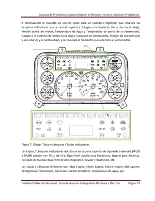 Solución de Problemas Sistema Eléctrico de Motores Diesel en Camiones Freightliner.
Instituto Politécnico Nacional. Escuela Superior de Ingeniería Mecánica y Eléctrica. Página 27
A continuación se muestra un Clúster típico para un Camión Freightliner que muestra las
lámparas indicadoras (parte central superior), Gauges a la izquierda (de arriba hacia abajo,
Presión aceite del motor, Temperatura de Agua y Temperatura de aceite de la transmisión),
Gauges a la derecha (de arriba hacia abajo, Indicador de Combustible, Presión de aire primario
y secundario) y al centro abajo, a la izquierda el tacómetro y a la derecha el velocímetro.
Figura 7. Clúster Típico y Lámparas / Espías Indicadoras.
Las Espías / Lámparas indicadoras del clúster en la parte superior de izquierda a derecha (WL01
a WL09) pueden ser: Filtro de Aire, Bajo Nivel Liquido Lava Parabrisas, Esperar para Arrancar,
Patinado de Ruedas, Bajo Nivel de Anticongelante, Revisar Transmisión, etc.
Las Espías / Lámparas Inferiores son: Stop Engine, Check Engine, Failure Engine, ABS System,
Temperatura Transmision, ABS trailer, Aceite del Motor, Temperatura de Agua, etc.
 