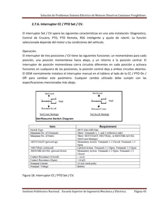 Solución de Problemas Sistema Eléctrico de Motores Diesel en Camiones Freightliner.
Instituto Politécnico Nacional. Escuela Superior de Ingeniería Mecánica y Eléctrica. Página 45
2.7.6. Interruptor CC / PTO Set / CV.
El interruptor Set / CV opera las siguientes características en una sola instalación: Diagnostico,
Control de Crucero, PTO, PTO Remota, RSG inteligente y ajuste de ralentí. La función
seleccionada depende del motor y las condiciones del vehículo.
Operación.
El interruptor de tres posiciones / CV tiene las siguientes funciones: un momentáneo para cada
posición, una posición momentánea hacia abajo, y un retorno a la posición central. El
interruptor de posición momentánea cierra circuitos diferentes en cada posición y activara
funciones en cualquiera de las posiciones, la posición central deja a ambos circuitos abiertos.
El OEM normalmente instalara el interruptor manual en el tablero al lado de la CC / PTO On /
Off para cambiar este parámetro. Cualquier cambio utilizado debe cumplir con las
especificaciones mencionadas más abajo.
Figura 18. Interruptor CC / PTO Set / CV.
 