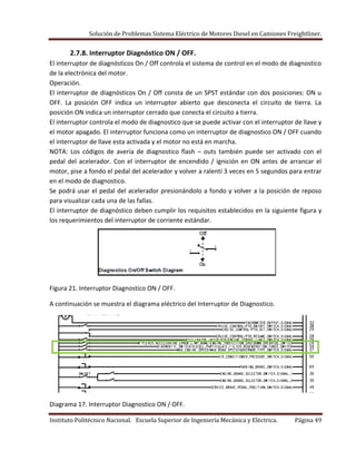 Solución de Problemas Sistema Eléctrico de Motores Diesel en Camiones Freightliner.
Instituto Politécnico Nacional. Escuela Superior de Ingeniería Mecánica y Eléctrica. Página 49
2.7.8. Interruptor Diagnóstico ON / OFF.
El interruptor de diagnósticos On / Off controla el sistema de control en el modo de diagnostico
de la electrónica del motor.
Operación.
El interruptor de diagnósticos On / Off consta de un SPST estándar con dos posiciones: ON u
OFF. La posición OFF indica un interruptor abierto que desconecta el circuito de tierra. La
posición ON indica un interruptor cerrado que conecta el circuito a tierra.
El interruptor controla el modo de diagnostico que se puede activar con el interruptor de llave y
el motor apagado. El interruptor funciona como un interruptor de diagnostico ON / OFF cuando
el interruptor de llave esta activada y el motor no está en marcha.
NOTA: Los códigos de avería de diagnostico flash – outs también puede ser activado con el
pedal del acelerador. Con el interruptor de encendido / ignición en ON antes de arrancar el
motor, pise a fondo el pedal del acelerador y volver a ralentí 3 veces en 5 segundos para entrar
en el modo de diagnostico.
Se podrá usar el pedal del acelerador presionándolo a fondo y volver a la posición de reposo
para visualizar cada una de las fallas.
El interruptor de diagnóstico deben cumplir los requisitos establecidos en la siguiente figura y
los requerimientos del interruptor de corriente estándar.
Figura 21. Interruptor Diagnostico ON / OFF.
A continuación se muestra el diagrama eléctrico del Interruptor de Diagnostico.
Diagrama 17. Interruptor Diagnostico ON / OFF.
 