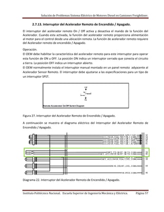 Solución de Problemas Sistema Eléctrico de Motores Diesel en Camiones Freightliner.
Instituto Politécnico Nacional. Escuela Superior de Ingeniería Mecánica y Eléctrica. Página 57
2.7.13. Interruptor del Acelerador Remoto de Encendido / Apagado.
El interruptor del acelerador remoto On / Off activa y desactiva el mando de la función del
Acelerador. Cuando esta activada, la función del acelerador remoto proporciona alimentación
al motor para el control desde una ubicación remota. La función de acelerador remoto requiere
del Acelerador remoto de encendido / Apagado.
Operación.
El OEM debe habilitar la característica del acelerador remoto para este interruptor para operar
esta función de ON u OFF. La posición ON indica un interruptor cerrado que conecta el circuito
a tierra. La posición OFF indica un interruptor abierto.
El OEM normalmente instala el interruptor manual montado en un panel remoto adyacente al
Acelerador Sensor Remoto. El interruptor debe ajustarse a las especificaciones para un tipo de
un interruptor SPST.
Figura 27. Interruptor del Acelerador Remoto de Encendido / Apagado.
A continuación se muestra el diagrama eléctrico del Interruptor del Acelerador Remoto de
Encendido / Apagado.
Diagrama 22. Interruptor del Acelerador Remoto de Encendido / Apagado.
 