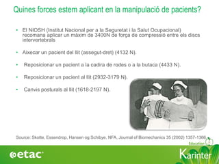 KarinterKarinter
Quines forces estem aplicant en la manipulació de pacients?
• El NIOSH (Institut Nacional per a la Seguretat i la Salut Ocupacional)
recomana aplicar un màxim de 3400N de força de compressió entre els discs
intervertebrals
• Aixecar un pacient del llit (assegut-dret) (4132 N).
• Reposicionar un pacient a la cadira de rodes o a la butaca (4433 N).
• Reposicionar un pacient al llit (2932-3179 N).
• Canvis posturals al llit (1618-2197 N).
Source: Skotte, Essendrop, Hansen og Schibye, NFA, Journal of Biomechanics 35 (2002) 1357-1366.
 