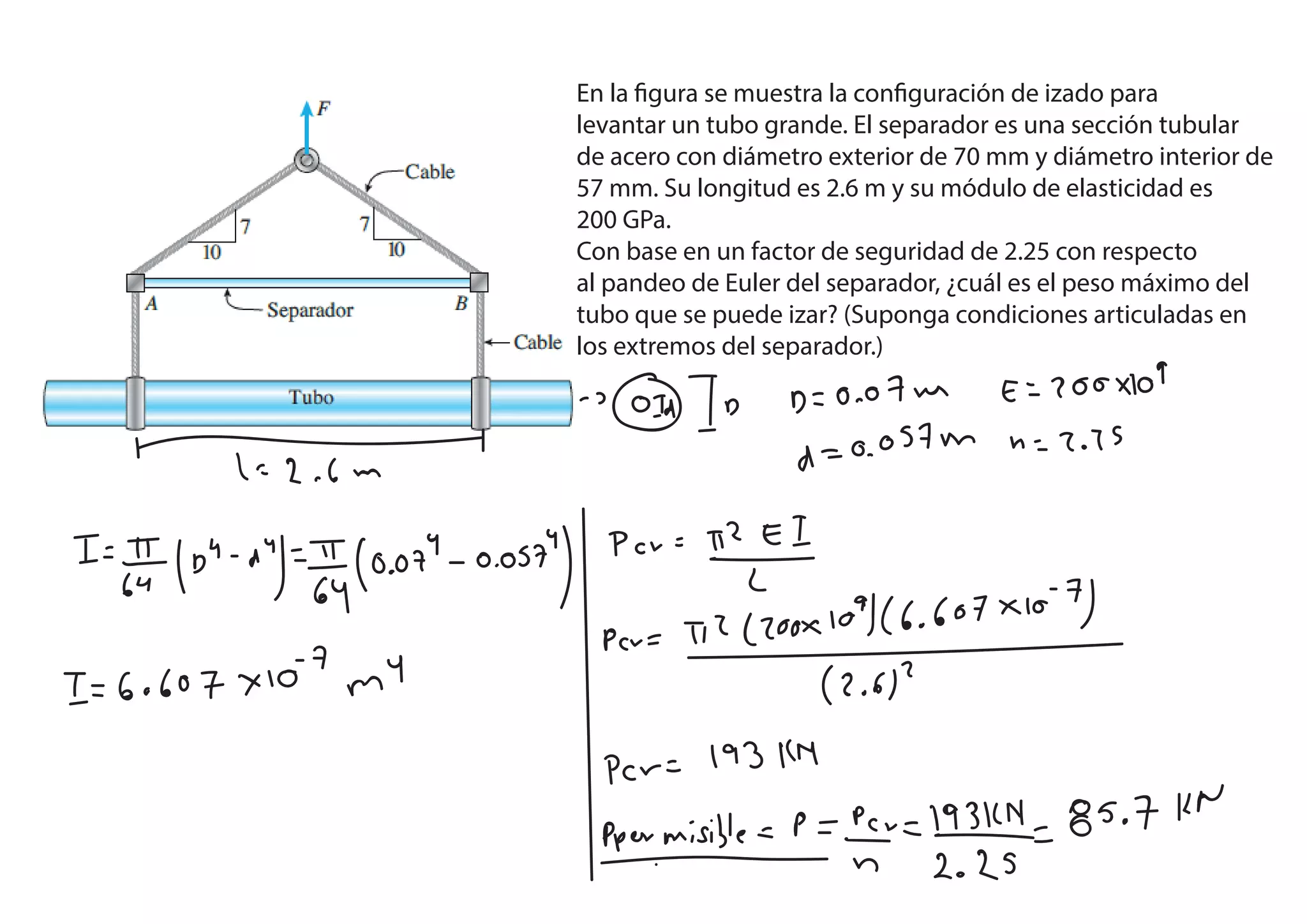 En la figura se muestra la configuración de izado para
levantar un tubo grande. El separador es una sección tubular
de acero con diámetro exterior de 70 mm y diámetro interior de
57 mm. Su longitud es 2.6 m y su módulo de elasticidad es
200 GPa.
Con base en un factor de seguridad de 2.25 con respecto
al pandeo de Euler del separador, ¿cuál es el peso máximo del
tubo que se puede izar? (Suponga condiciones articuladas en
los extremos del separador.)