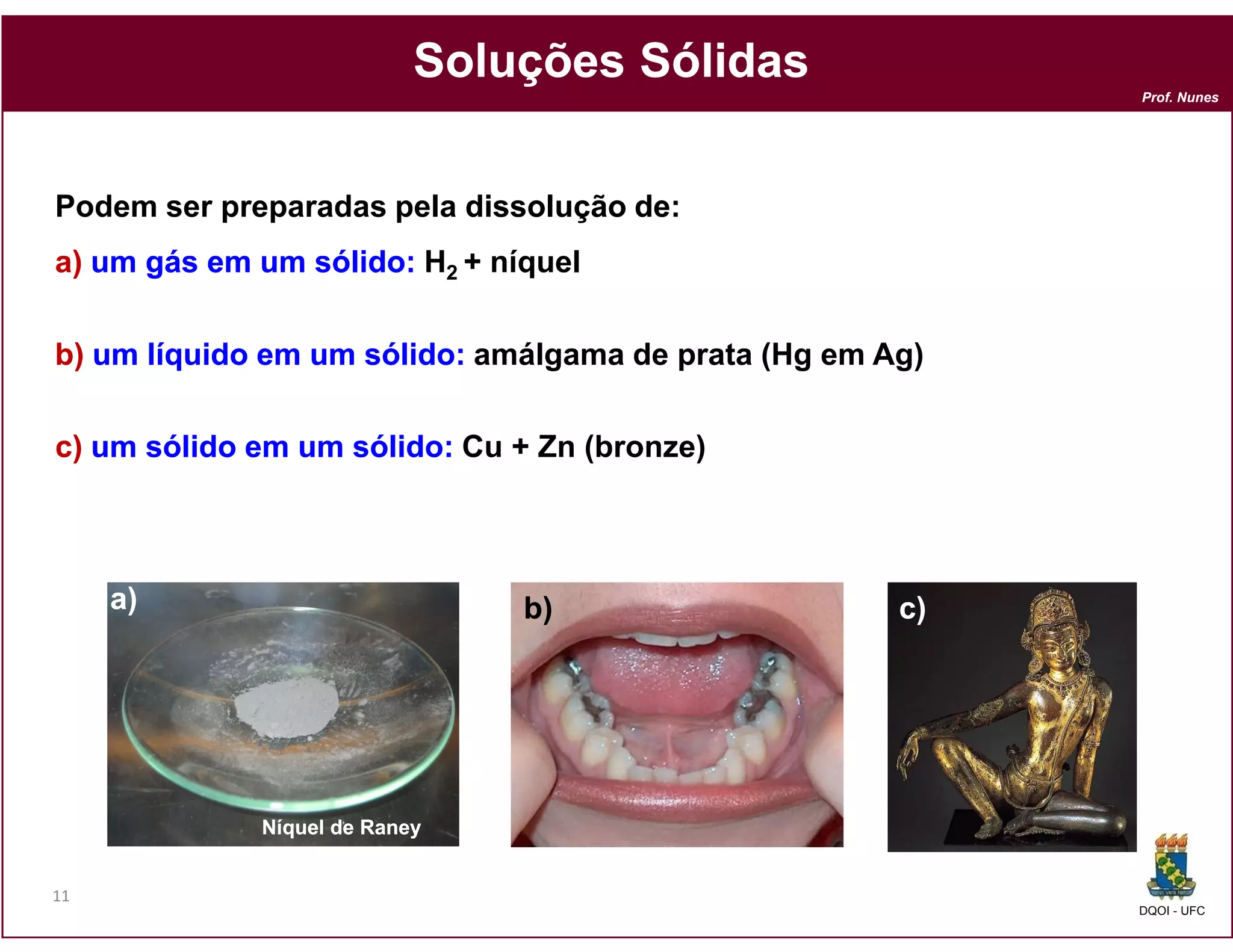 Soluções Sólidas
                                                           Prof. Nunes




Podem ser preparadas pela dissolução de
                                     de:
a) um gás em um sólido: H2 + níquel


b) um líquido em um sólido: amálgama de prata (Hg em Ag)

c) um sólido em um sólido: Cu + Zn (bronze)



     a)                        b)                     c)




             Níquel de Raney


11
                                                           DQOI - UFC
 