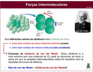 Forças Intermoleculares
                                                                            Prof. Nunes




                                                                  van der Waals



 Dois diferentes valores de distância entre 2 átomos de cloro
                                                        cloro:
        entre dois núcleos de duas moléculas distintas (maior)
        entre dois núcleos da mesma molécula (raio covalente)

     Chamada de distância de van der Waals (Essa distância é a
     mais próxima que uma molécula de Cl2 pode se aproximar de outra, o
     ponto em que as atrações intermoleculares estão em equilíbrio com as
     repulsões da nuvem de elétrons)

24   Raio de van der Waals ~ distância de van der Waals/2
                                                  Waals/                    DQOI - UFC
 